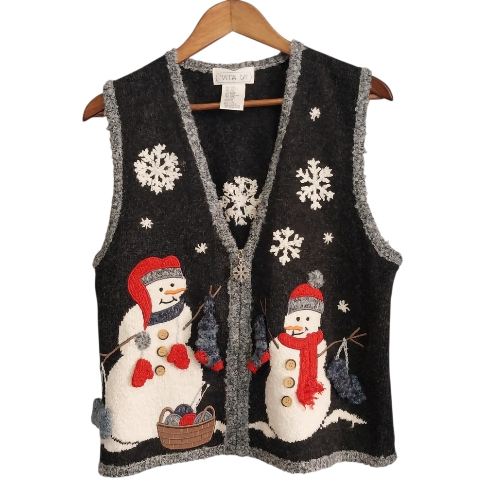 Vtg Mandal Bay Size Large Wool Blend Snowman Embellished 3D Knit Sweater Vest
